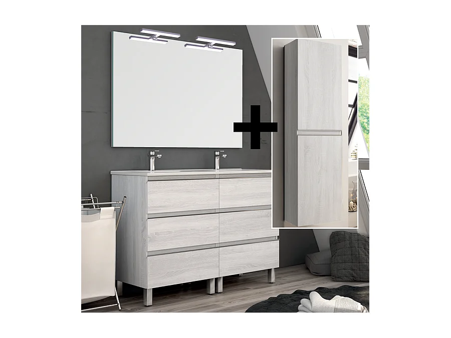 Ensemble meuble de salle de bain 120cm double vasque + colonne de rangement PALMA - hibernian (bois blanchi)