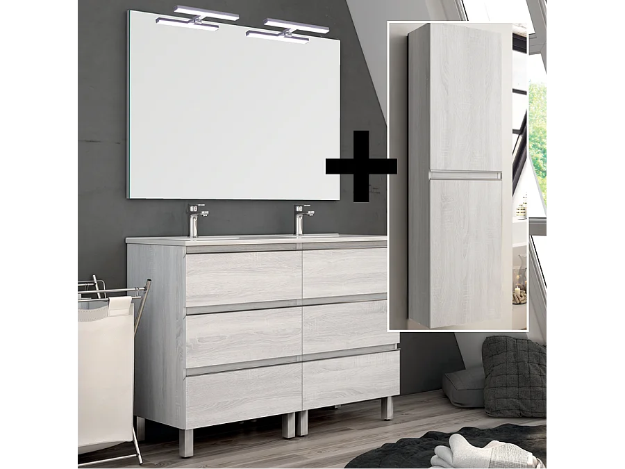 Ensemble meuble de salle de bain 120cm double vasque + colonne de rangement PALMA - hibernian (bois blanchi)