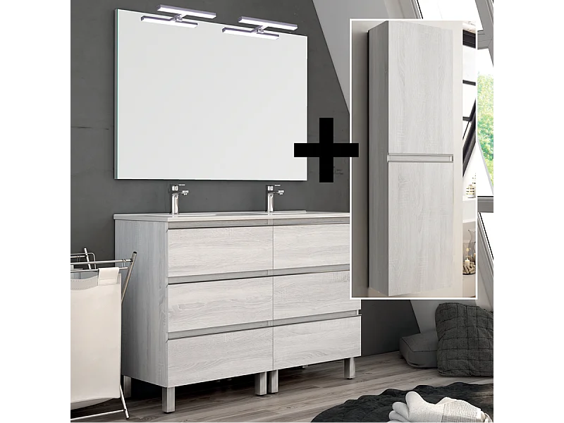 Ensemble meuble de salle de bain 120cm double vasque + colonne de rangement PALMA - hibernian (bois blanchi)