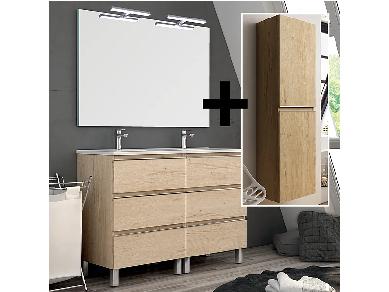 Ensemble meuble de salle de bain 120cm double vasque + colonne de rangement PALMA - bambou (chêne clair)