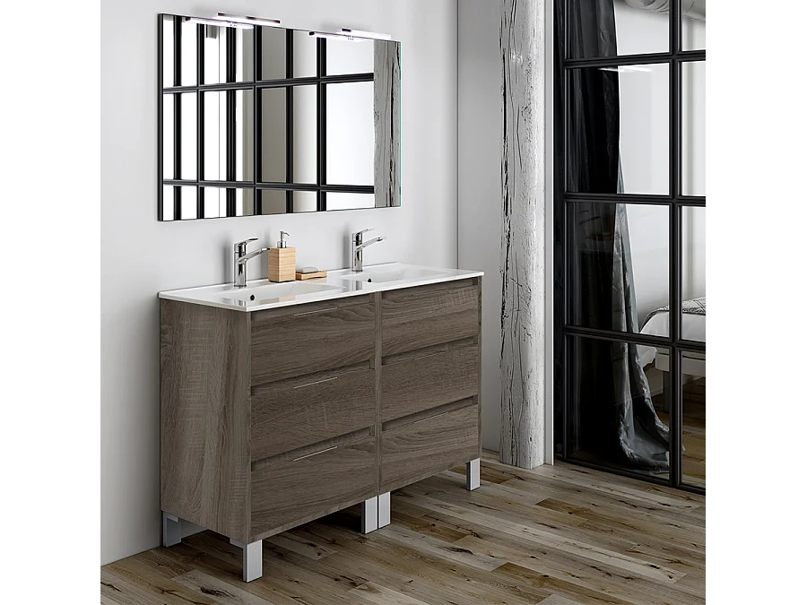 Ensemble meuble de salle de bain 120cm double vasque + colonne de rangement TIRIS - britannia (chêne foncé)