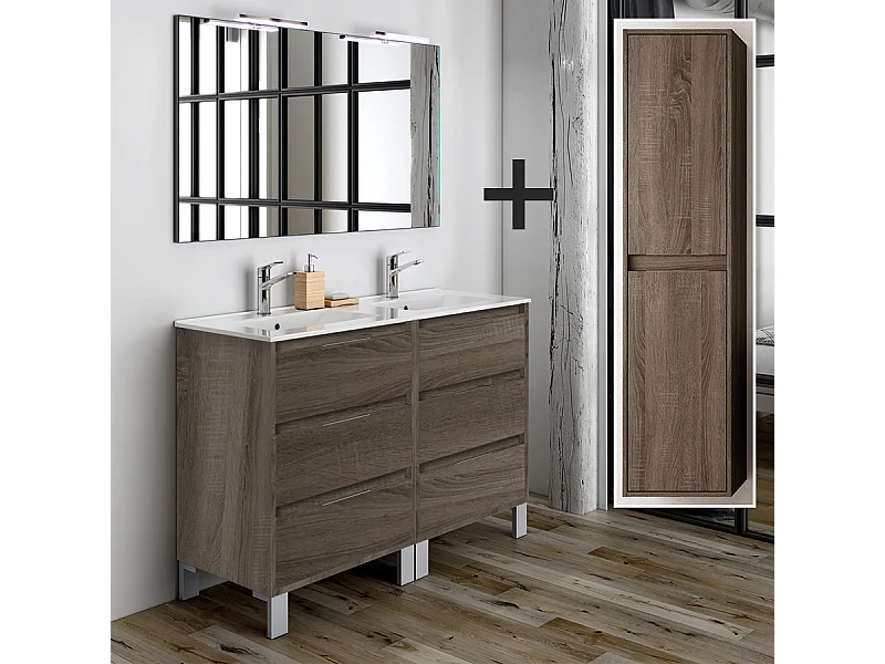 Ensemble meuble de salle de bain 120cm double vasque + colonne de rangement TIRIS - britannia (chêne foncé)
