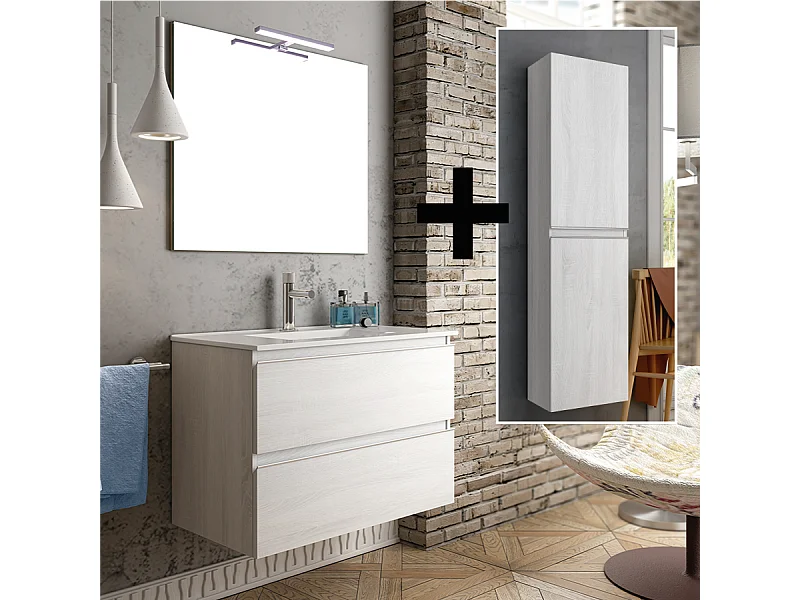 Ensemble meuble de salle de bain 70cm simple vasque + colonne de rangement - BALEA - hibernian (bois blanchi)