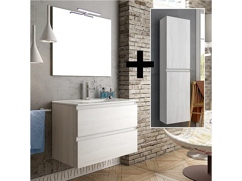 Ensemble meuble de salle de bain 70cm simple vasque + colonne de rangement - BALEA - hibernian (bois blanchi)