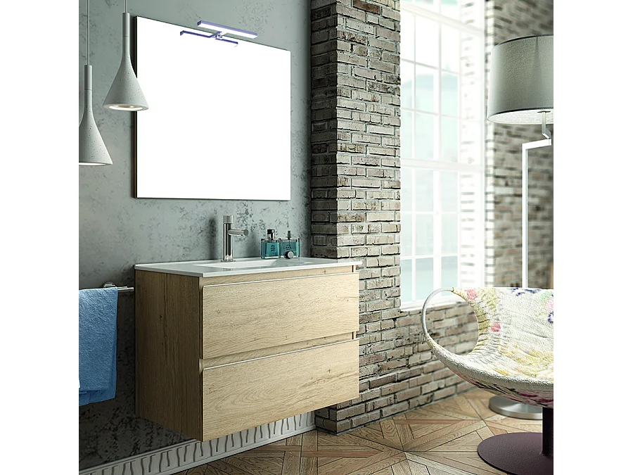 Ensemble meuble de salle de bain 80cm simple vasque + colonne de rangement - BALEA - bambou (chêne clair)