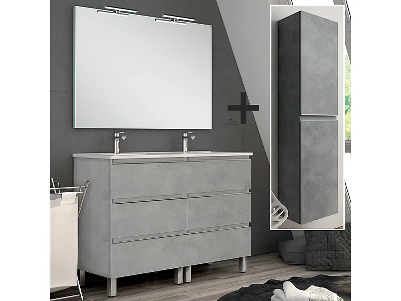 Ensemble meuble de salle de bain 120cm double vasque + colonne de rangement PALMA - ciment (gris)