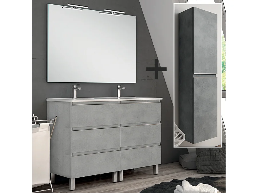 Ensemble meuble de salle de bain 120cm double vasque + colonne de rangement PALMA - ciment (gris)