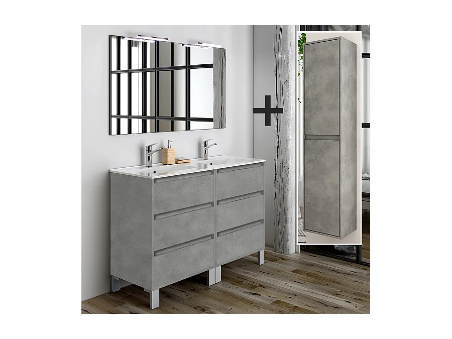 Ensemble meuble de salle de bain 120cm double vasque + colonne de rangement TIRIS - ciment (gris)