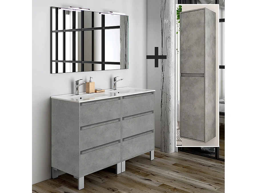 Ensemble meuble de salle de bain 120cm double vasque + colonne de rangement TIRIS - ciment (gris)