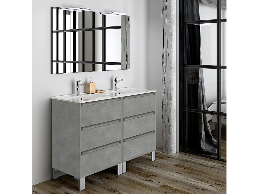 Ensemble meuble de salle de bain 120cm double vasque + colonne de rangement TIRIS - ciment (gris)