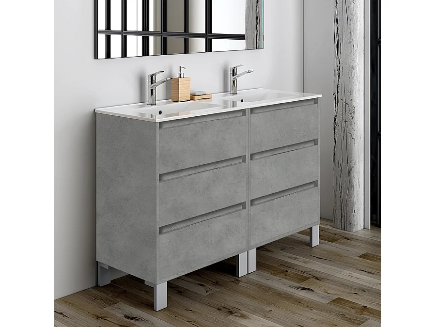 Ensemble meuble de salle de bain 120cm double vasque + colonne de rangement TIRIS - ciment (gris)