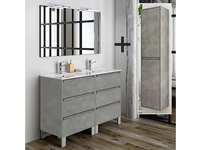 Ensemble meuble de salle de bain 120cm double vasque + colonne de rangement TIRIS - ciment (gris)