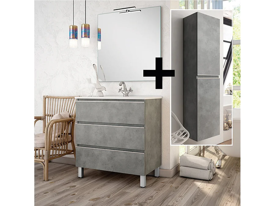 Ensemble meuble de salle de bain 100cm simple vasque + colonne de rangement PALMA - ciment (gris)