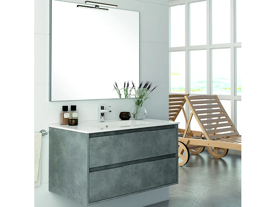 Ensemble meuble de salle de bain 100cm simple vasque + colonne de rangement IRIS - ciment (gris)