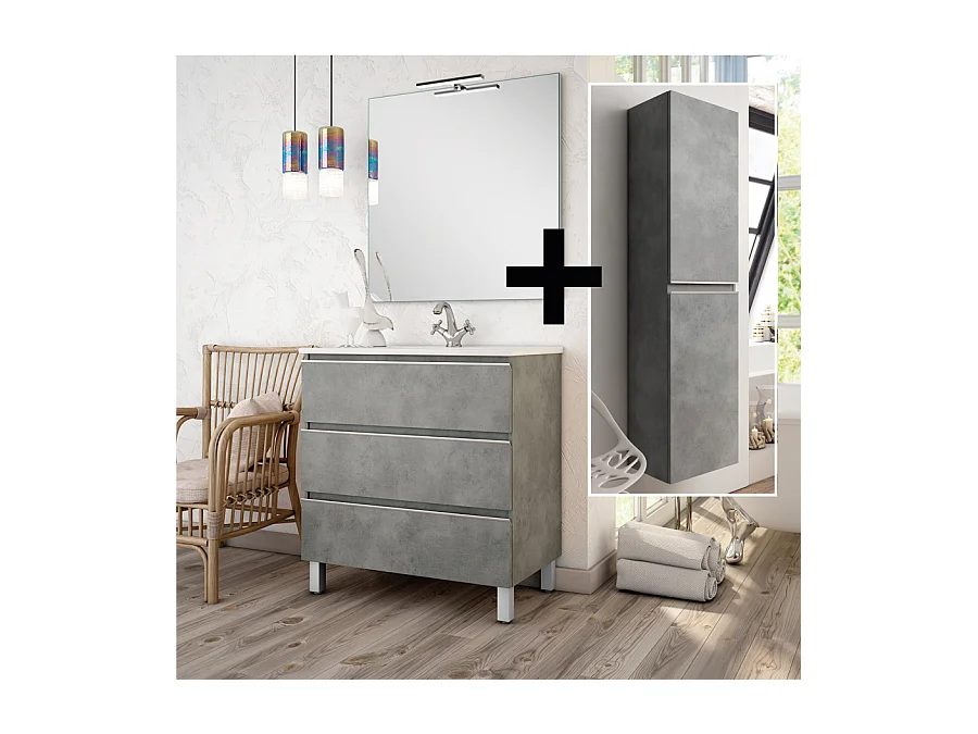 Ensemble meuble de salle de bain 80cm simple vasque + colonne de rangement PALMA - ciment (gris)