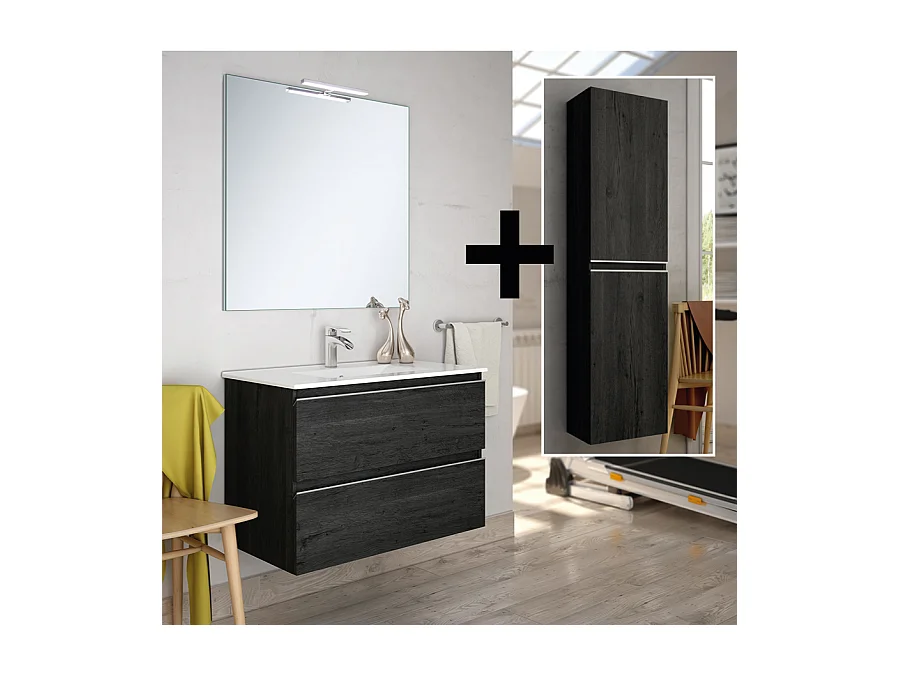 Ensemble meuble de salle de bain 70cm simple vasque + colonne de rangement - BALEA - ebony (bois noir)
