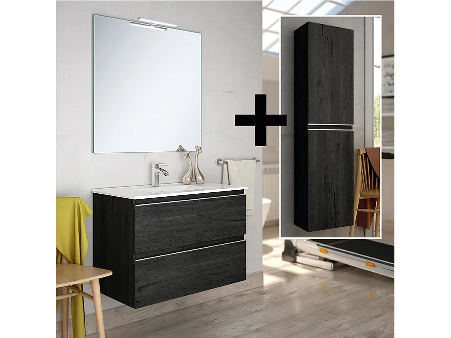 Ensemble meuble de salle de bain 70cm simple vasque + colonne de rangement - BALEA - ebony (bois noir)