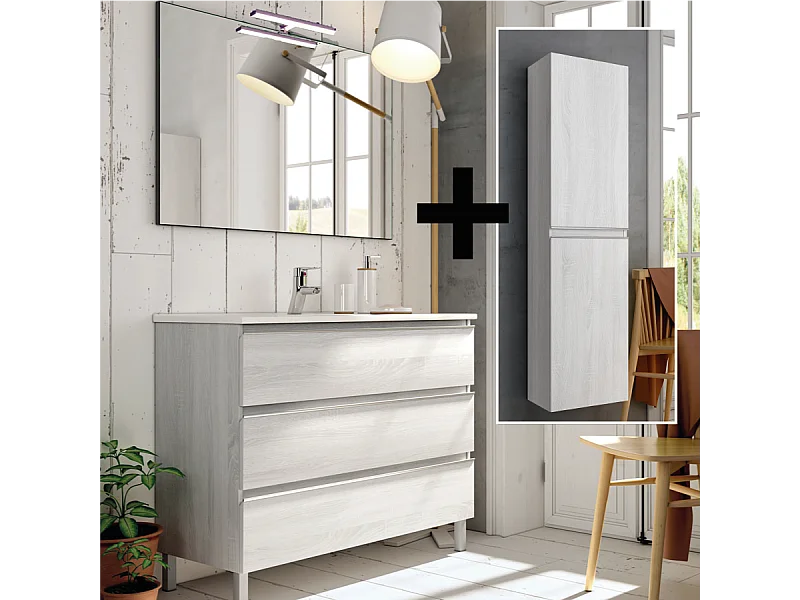 Ensemble meuble de salle de bain 70cm simple vasque + colonne de rangement PALMA - hibernian (bois blanchi)