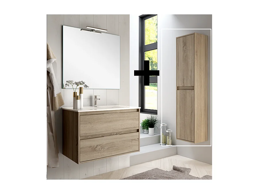 Ensemble meuble de salle de bain 100cm simple vasque + colonne de rangement IRIS - cambrian (chêne)