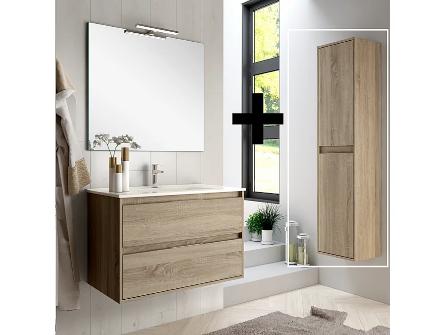 Ensemble meuble de salle de bain 100cm simple vasque + colonne de rangement IRIS - cambrian (chêne)