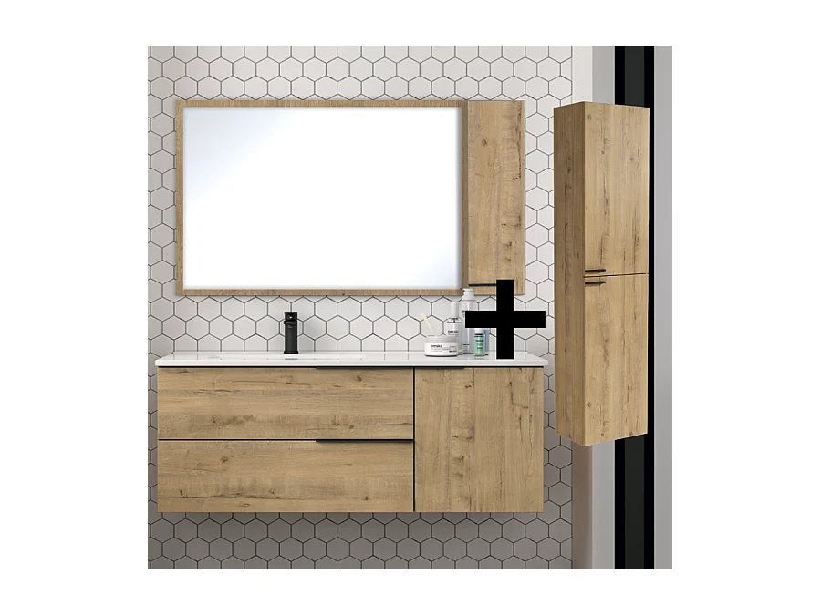 Ensemble meuble de salle de bain 120cm vasque déportée + colonne de rangement - KING - Roble (chêne clair)