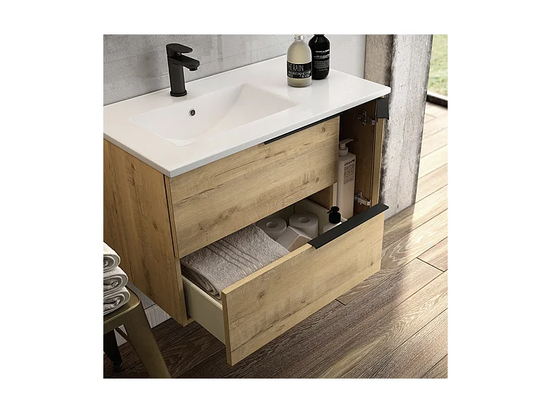 Ensemble meuble de salle de bain 120cm vasque déportée + colonne de rangement - KING - Roble (chêne clair)