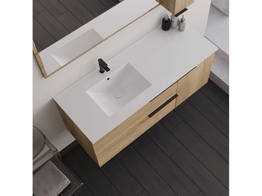Ensemble meuble de salle de bain 120cm vasque déportée + colonne de rangement - KING - Roble (chêne clair)