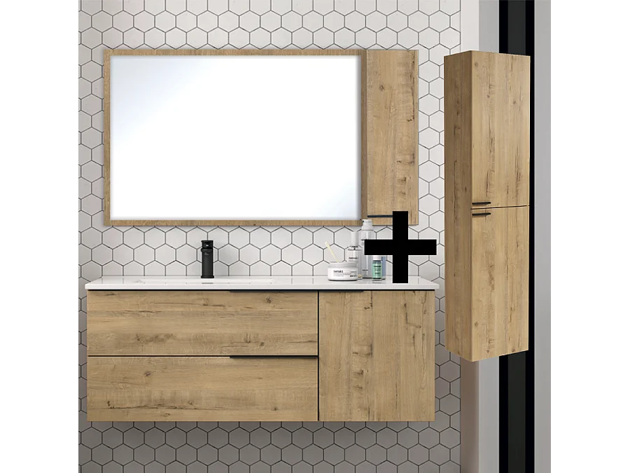 Ensemble meuble de salle de bain 120cm vasque déportée + colonne de rangement - KING - Roble (chêne clair)