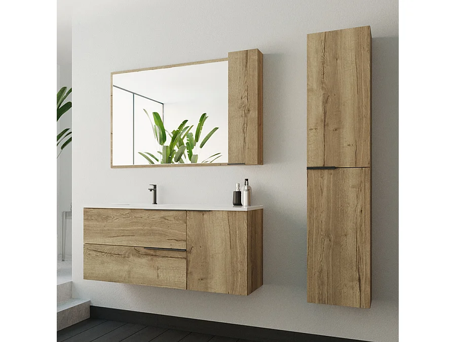 Ensemble meuble de salle de bain 120cm vasque déportée + colonne de rangement - KING - Roble (chêne clair)