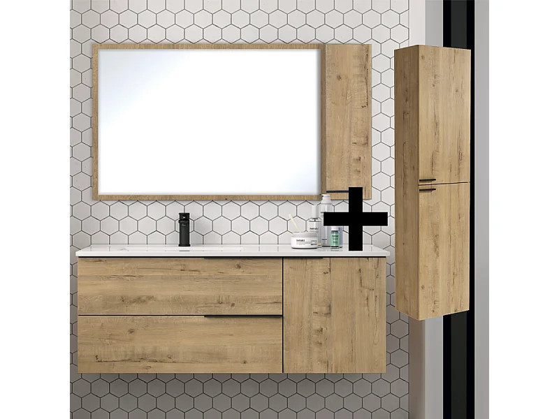 Ensemble meuble de salle de bain 120cm vasque déportée + colonne de rangement - KING - Roble (chêne clair)