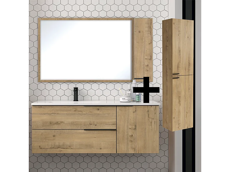 Ensemble meuble de salle de bain 120cm vasque déportée + colonne de rangement - KING - Roble (chêne clair)