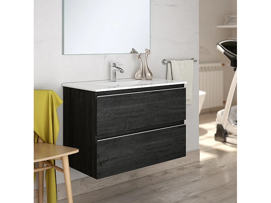 Ensemble meuble de salle de bain 60cm simple vasque + colonne de rangement - BALEA - ebony (bois noir)