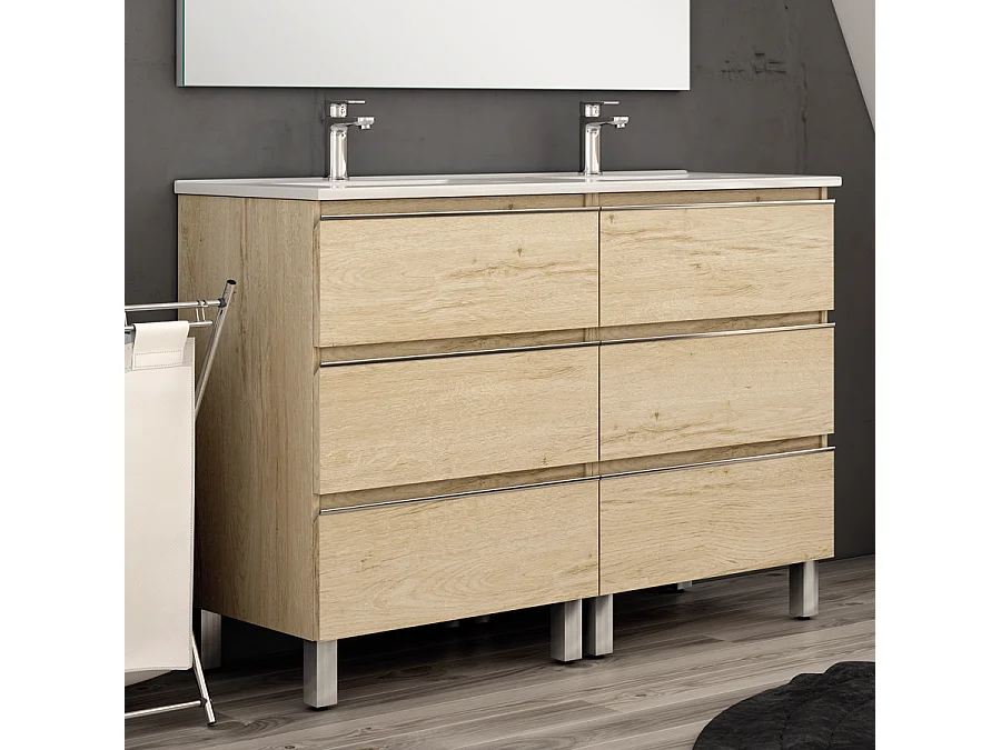 Ensemble meuble de salle de bain 140cm double vasque + colonne de rangement PALMA - bambou (chêne clair)
