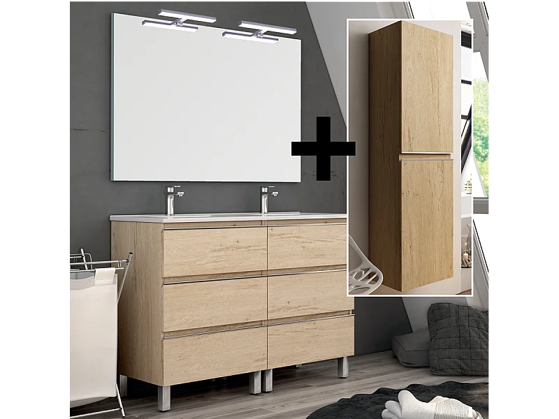 Ensemble meuble de salle de bain 140cm double vasque + colonne de rangement PALMA - bambou (chêne clair)