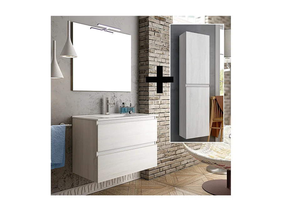 Ensemble meuble de salle de bain 100cm simple vasque + colonne de rangement - BALEA - hibernian (bois blanchi)