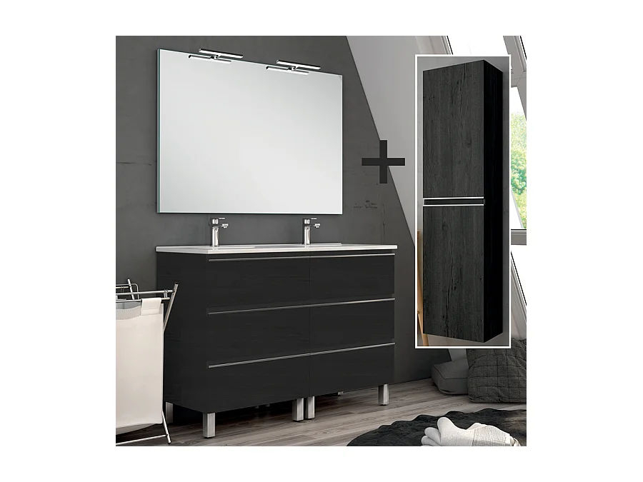 Ensemble meuble de salle de bain 140cm double vasque + colonne de rangement PALMA - ebony (bois noir)