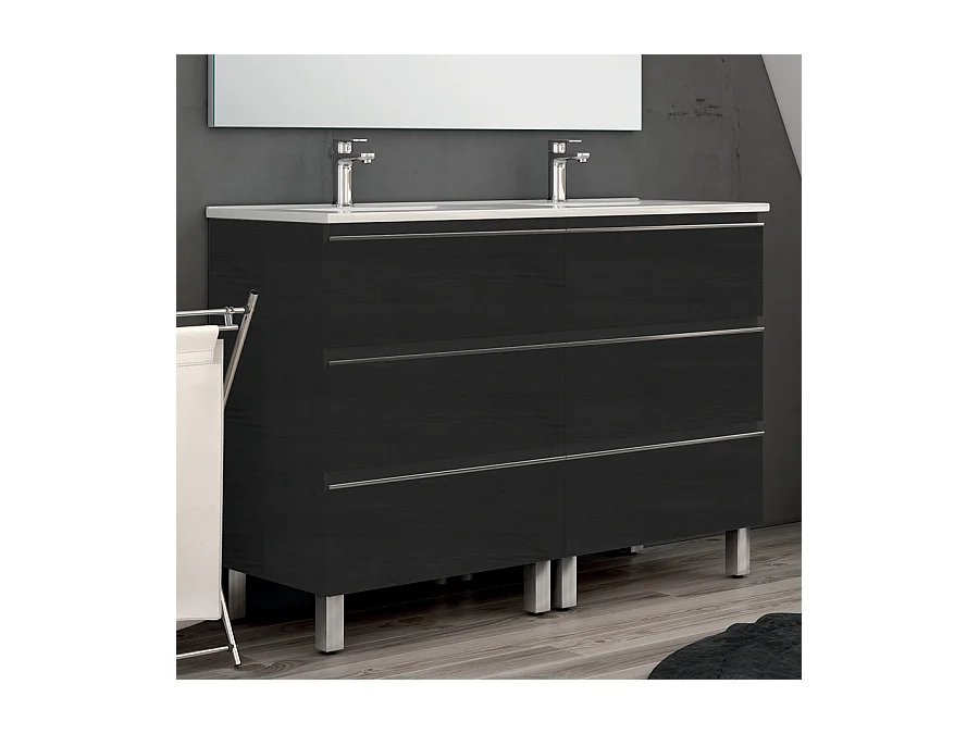 Ensemble meuble de salle de bain 140cm double vasque + colonne de rangement PALMA - ebony (bois noir)