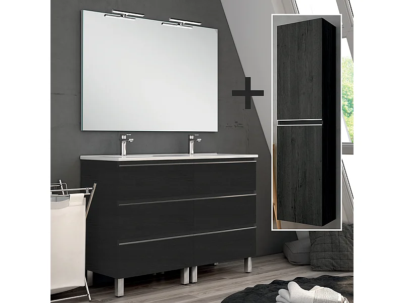 Ensemble meuble de salle de bain 140cm double vasque + colonne de rangement PALMA - ebony (bois noir)