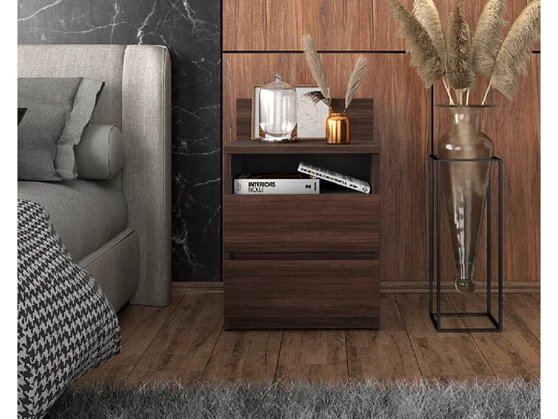 Table de chevet Wenge 40 cm – 2 tiroirs + étagère, meuble de nuit pour chambre à coucher