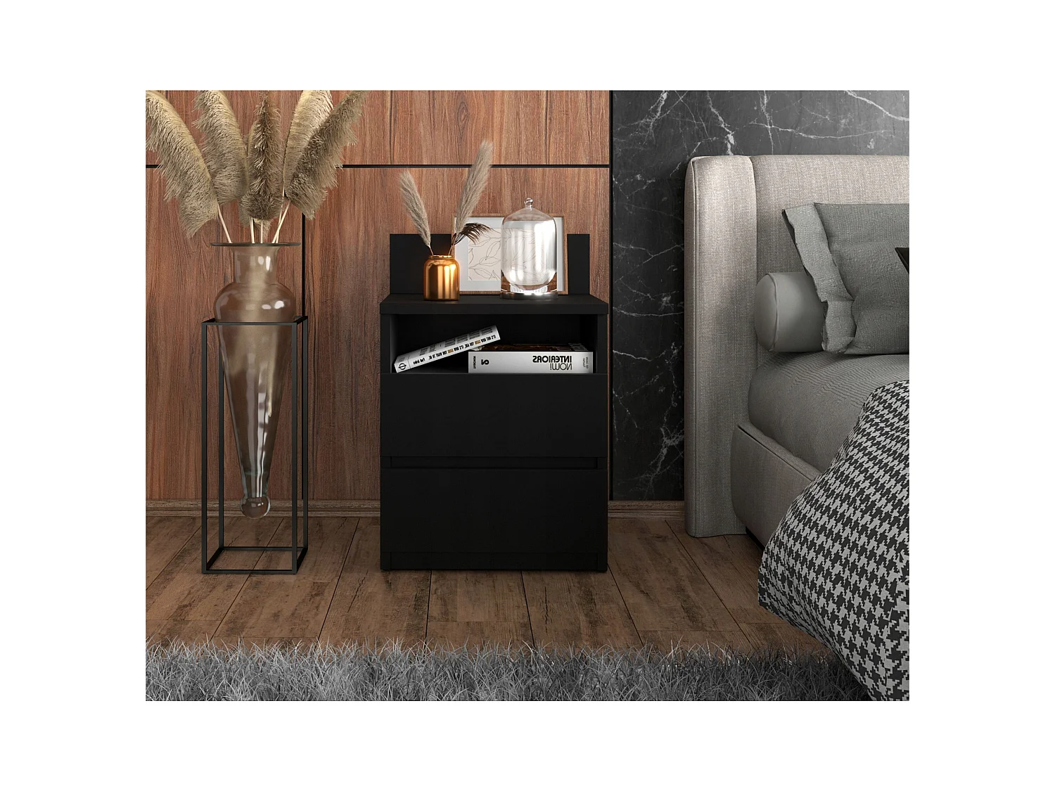 Table de chevet NOIRE 40 cm, 2 tiroirs, meuble de nuit pour chambre à coucher