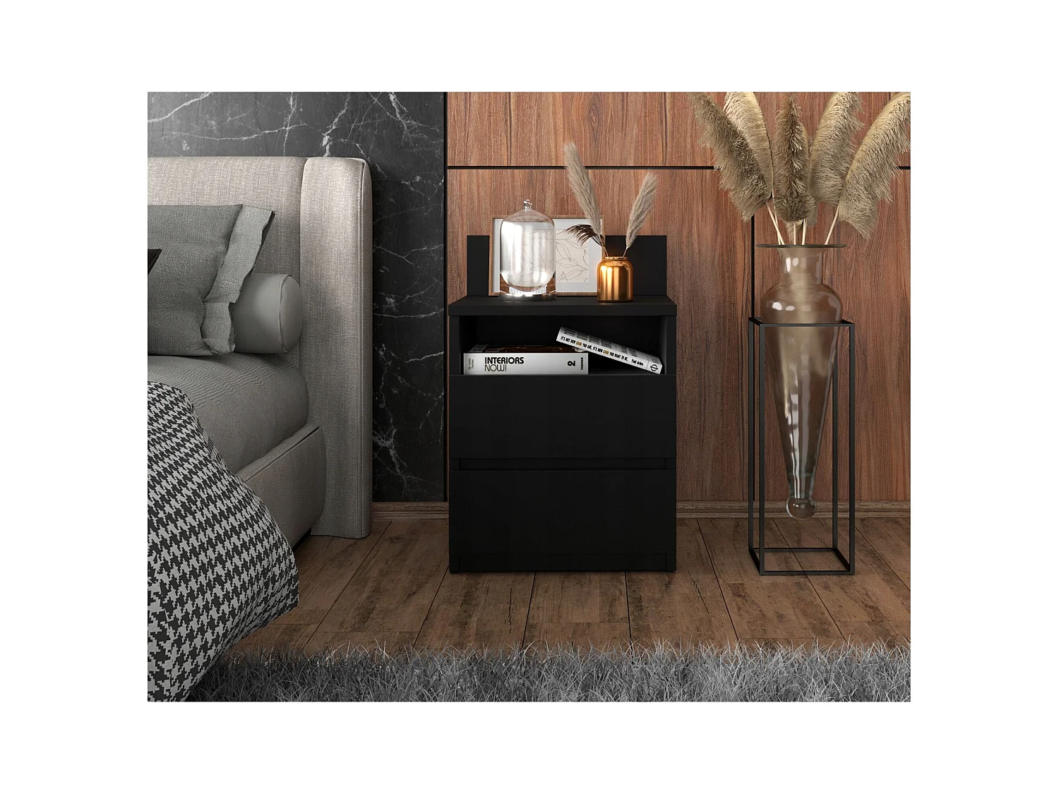 Table de chevet NOIRE 40 cm, 2 tiroirs, meuble de nuit pour chambre à coucher