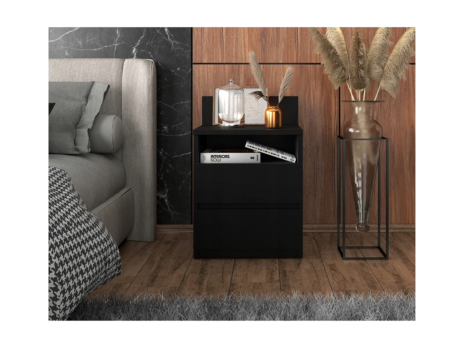 ZWART nachtkastje 40 cm, 2 laden, slaapkamermeubels