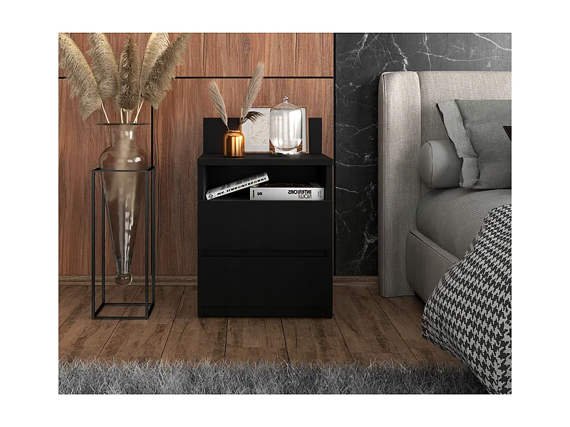 Table de chevet NOIRE 40 cm, 2 tiroirs, meuble de nuit pour chambre à coucher