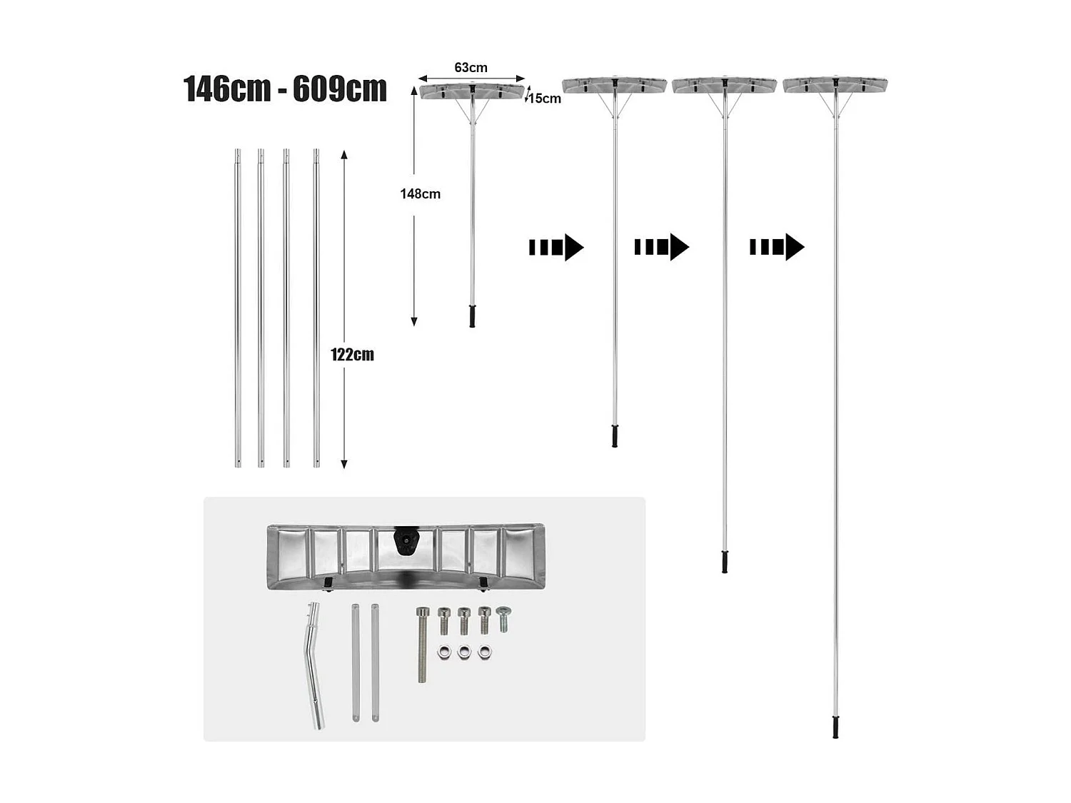 Râteau de Toit à Neige Extensible 1,50-6 m Déneigement de Toit en Aluminium avec Lame 63 cm 1 Tige de Manipulation et 4 Extensibles 2 Rouleaux