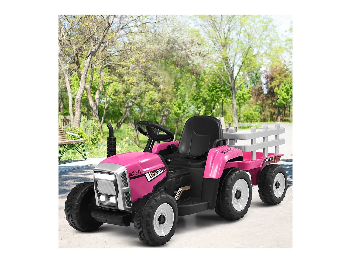 Trattore con rimorchio 12 V per bambini, Giocattolo elettrico con 3 marce luci LED musica clacson, Rosa