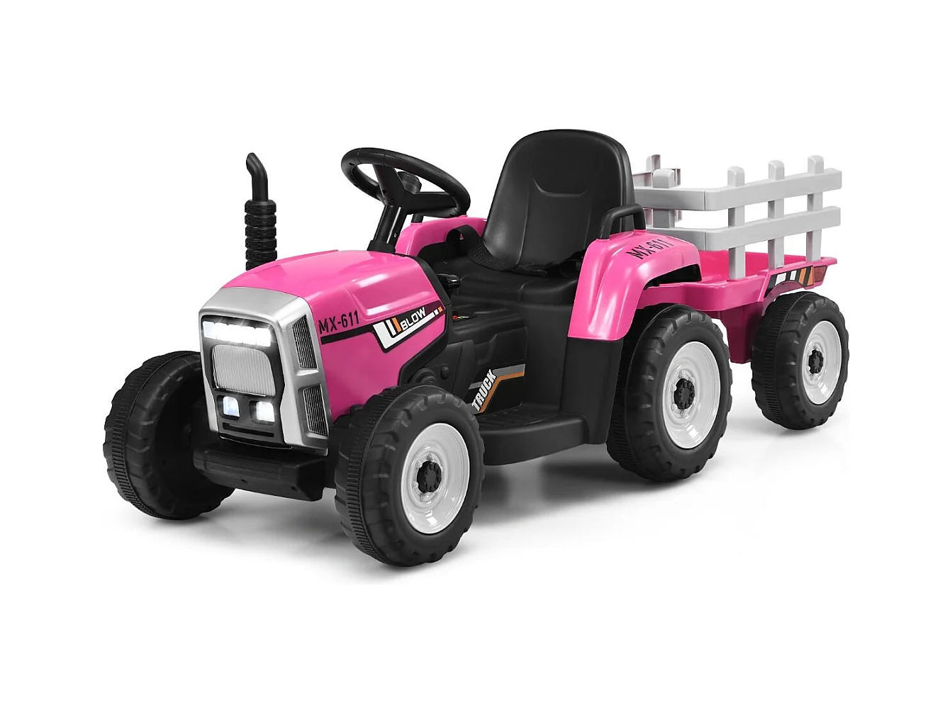 Trattore con rimorchio 12 V per bambini, Giocattolo elettrico con 3 marce luci LED musica clacson, Rosa