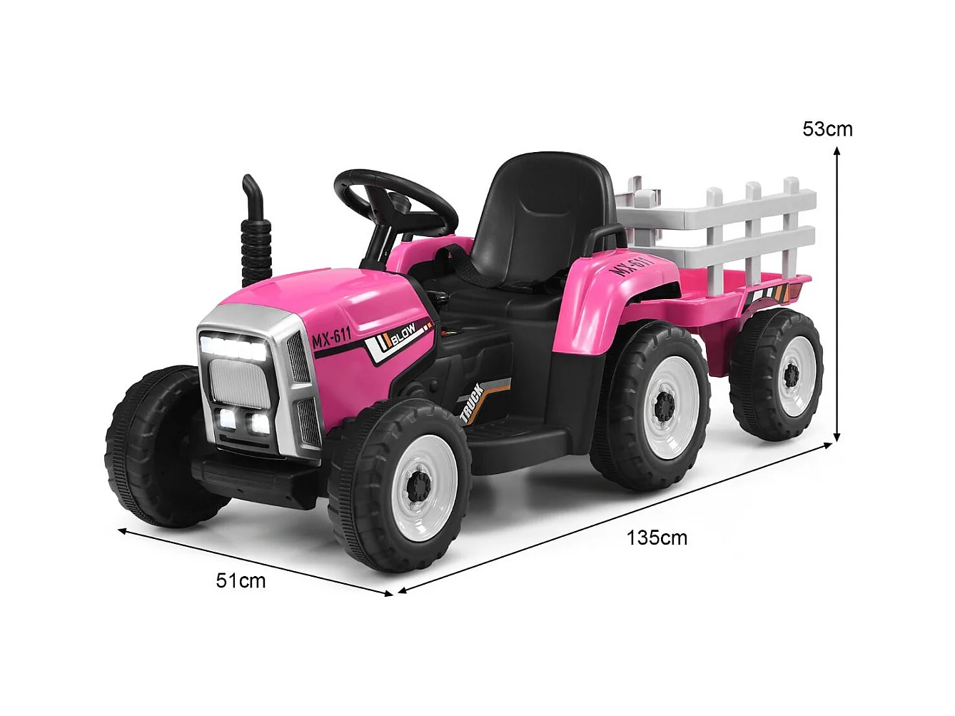 Trattore con rimorchio 12 V per bambini, Giocattolo elettrico con 3 marce luci LED musica clacson, Rosa