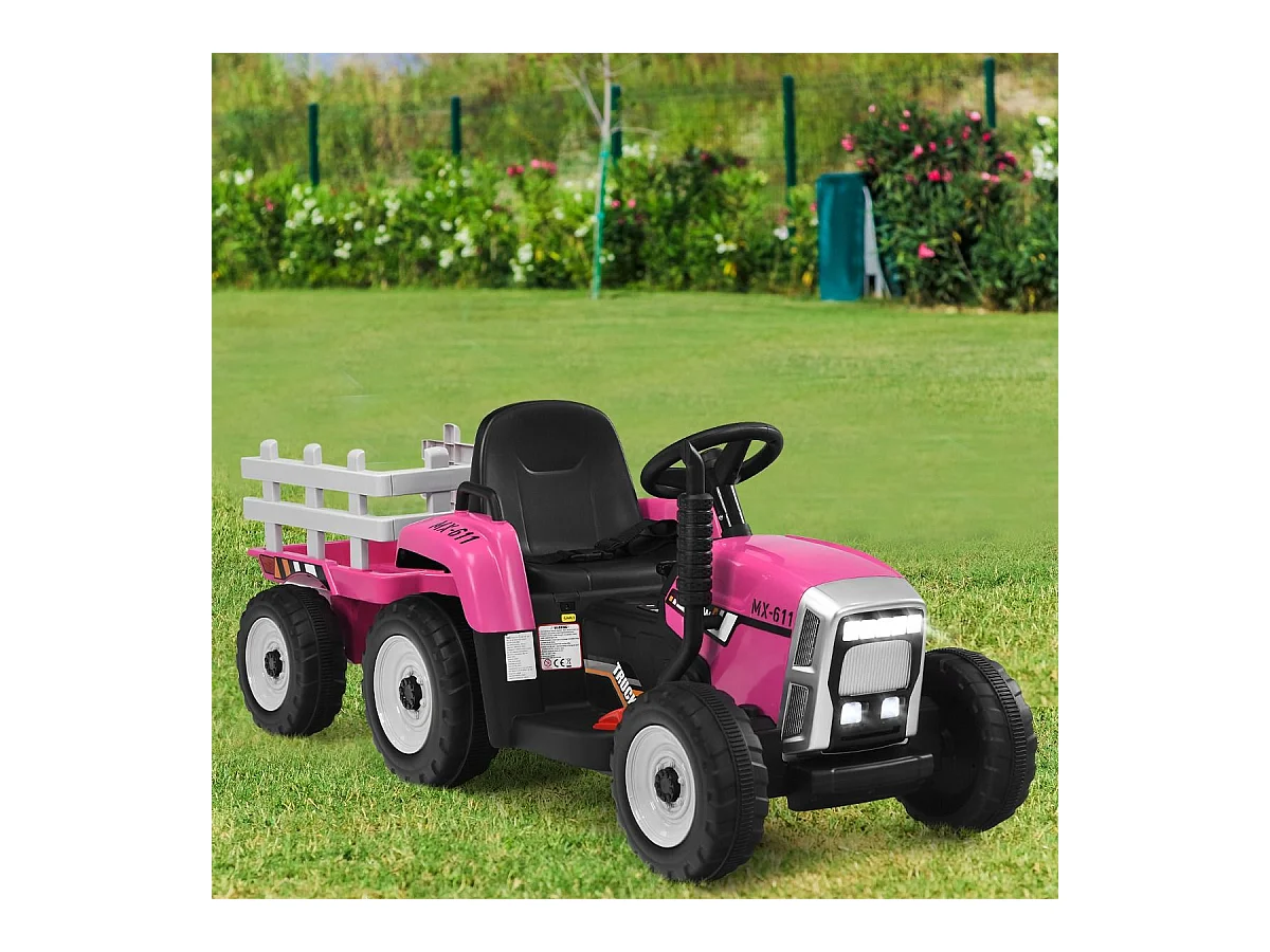 Trattore con rimorchio 12 V per bambini, Giocattolo elettrico con 3 marce luci LED musica clacson, Rosa