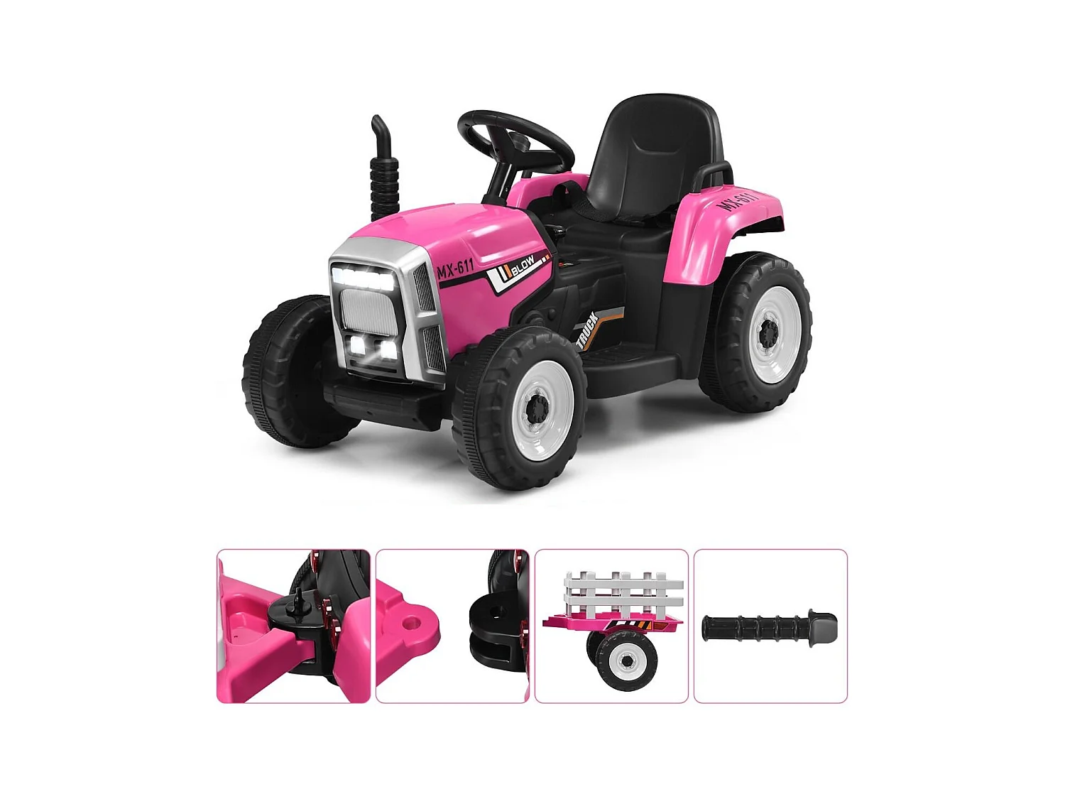 Trattore con rimorchio 12 V per bambini, Giocattolo elettrico con 3 marce luci LED musica clacson, Rosa