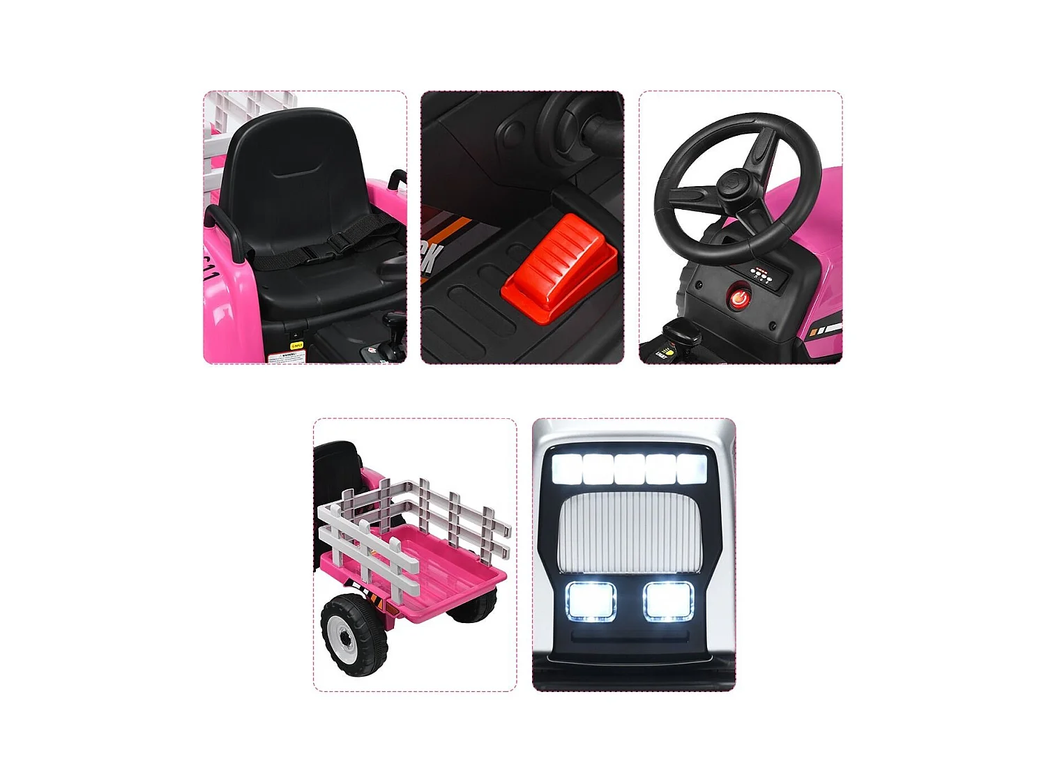Trattore con rimorchio 12 V per bambini, Giocattolo elettrico con 3 marce luci LED musica clacson, Rosa